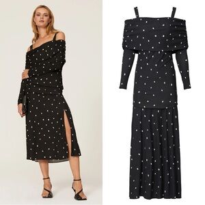Altuzarra Polka Dot Marlena Off The Shoulder Midi Dress Size 12 Black White